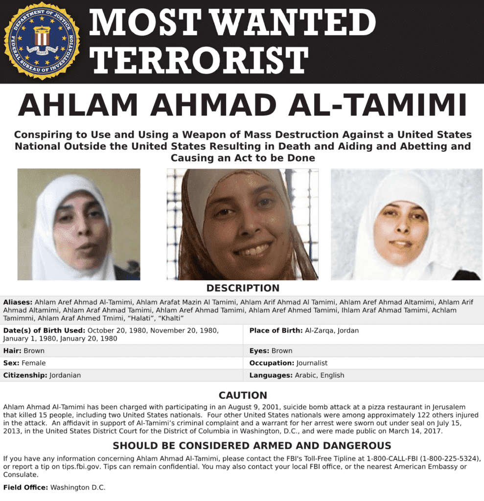 Resultado de imagen de cartel del fbi de ahlam tamimi imagenes