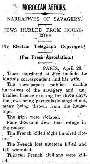 Newspaper report on the 1912 Fez Pogrom.