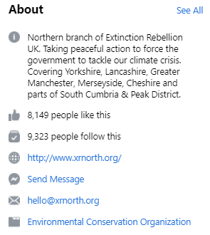 extinction rebellion about section on Facebook