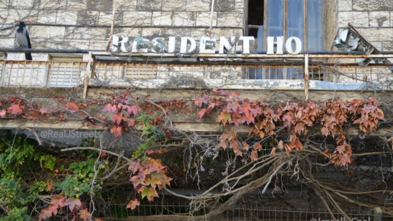 funny sign image, photo sign abandoned building. amusing sign photo