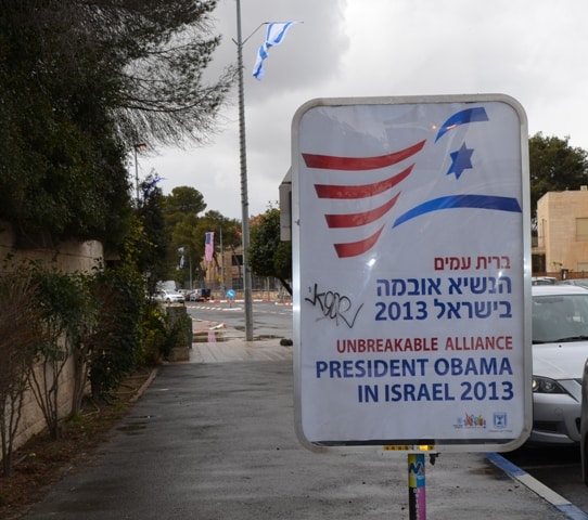 sign near president's house for Obama in Israel visit