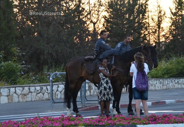 two horses with police riders,
