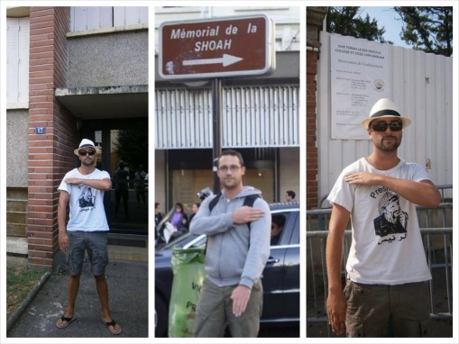 Nazi quenelle salute in front of the home of Mohamed Merah, sign for the Holocaust Memorial in Paris and the Ozar HaTorah school in Toulouse. - Photo Credit: jssnews.com
