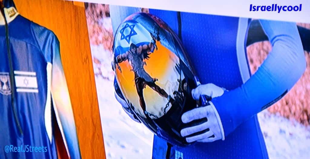 Jewish star and Israel flag on Helmet of AJ Edelman Skeleton Winter Olympics 2018