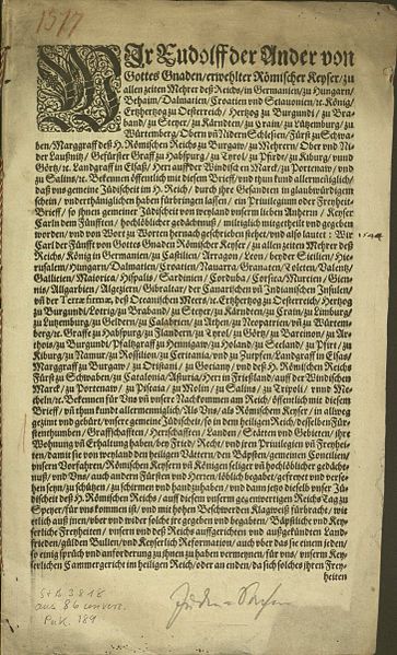 Great Jews Privilege Charter of Speyer 1544 (Großes Speyrer Judenprivileg), Insertion in the confirmation of 1548, page 1 of 7 (Wikimedia Commons)