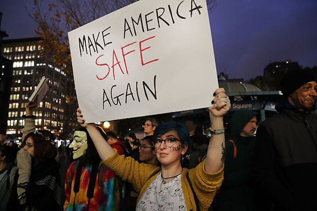 NEW YORK, NY - NOVEMBER 09: Anti-Trump protesters gather in a park as New Yorkers react to the election of Donald Trump as president of the United States on November 9, 2016 in New York City. Trump defeated Democrat Hillary Clinton in an upset to become the 45th president. (Photo by Spencer Platt/Getty Images)